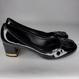 Tory Burch black patent leather Reva mid heel pump